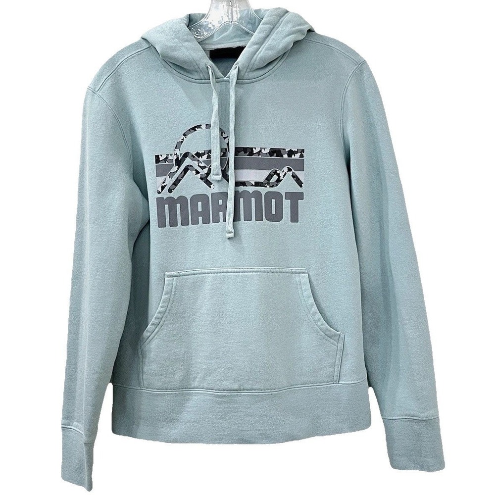 Marmot Women's Coastal‎ Hoodie M Green Aqua Camo Logo Pullover Sweatshirt
